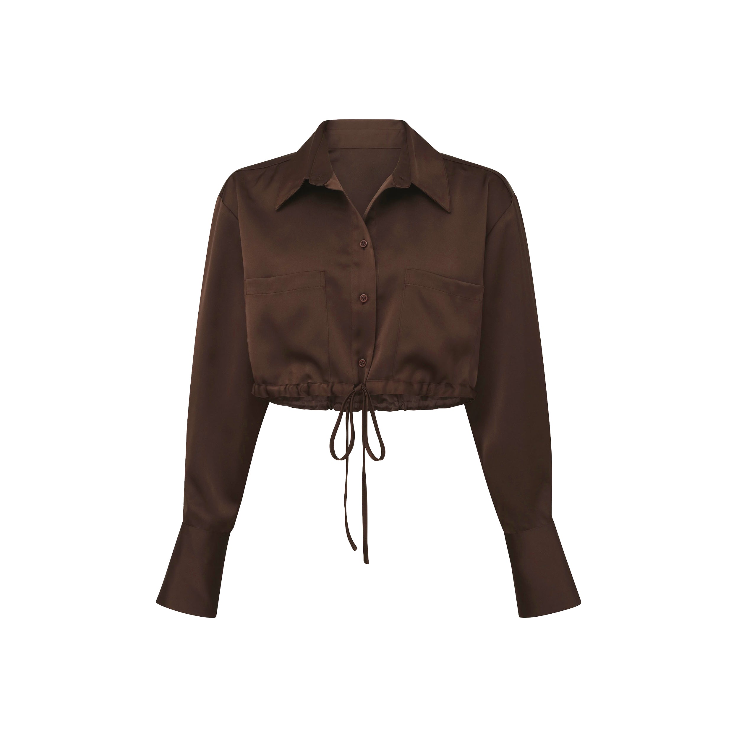 Product view of brown Milan Satin Button Up features luxurious and structured satin-like fabric, featuring cargo detailing, shell buttons and a tie-waist