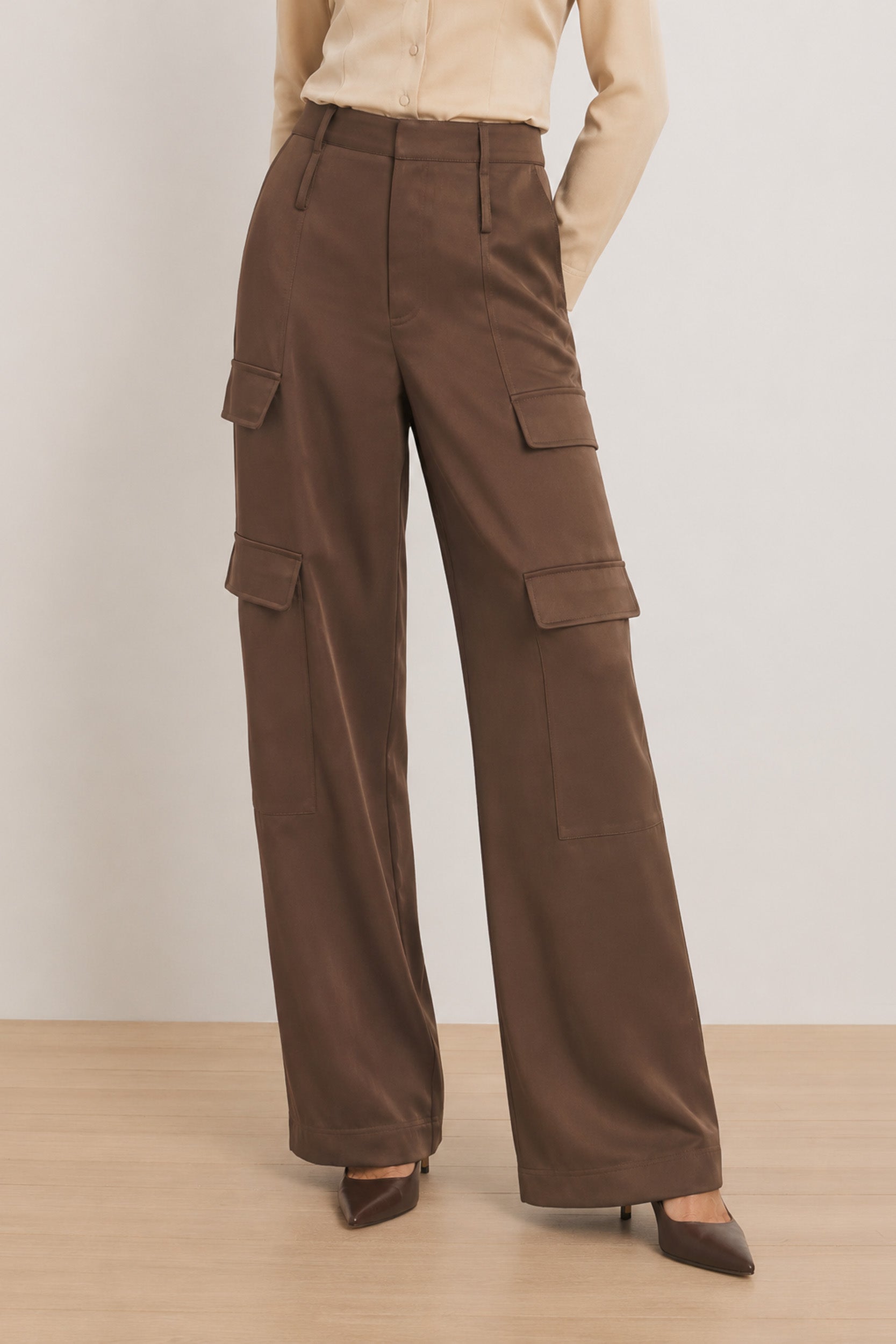Espresso Satin Cargo Pants for Women | The Noli Shop