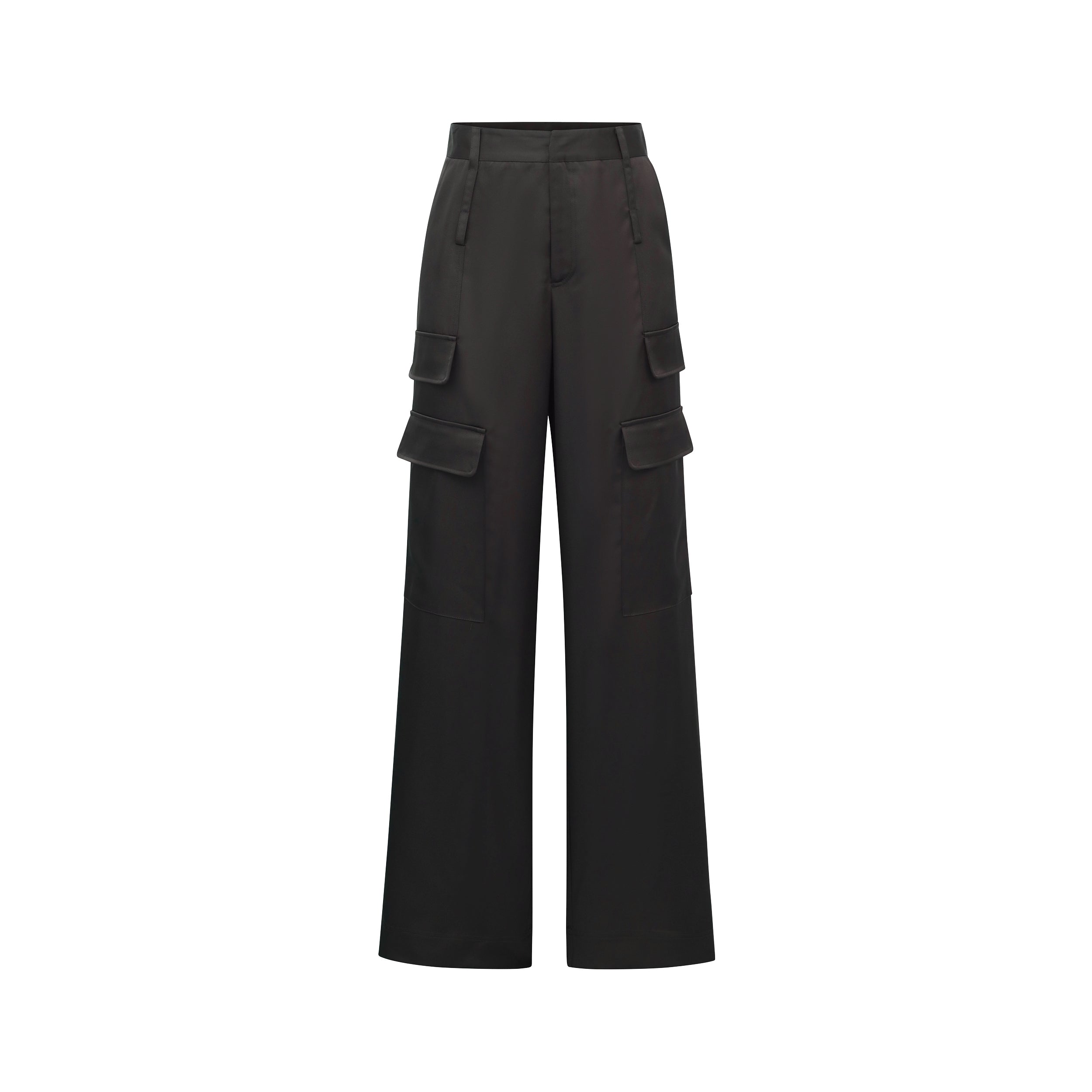 Product view of Black Satin Milan Pant features Mid-rise with side pockets and cargo detail. Luxurious and structured satin-like fabric. 