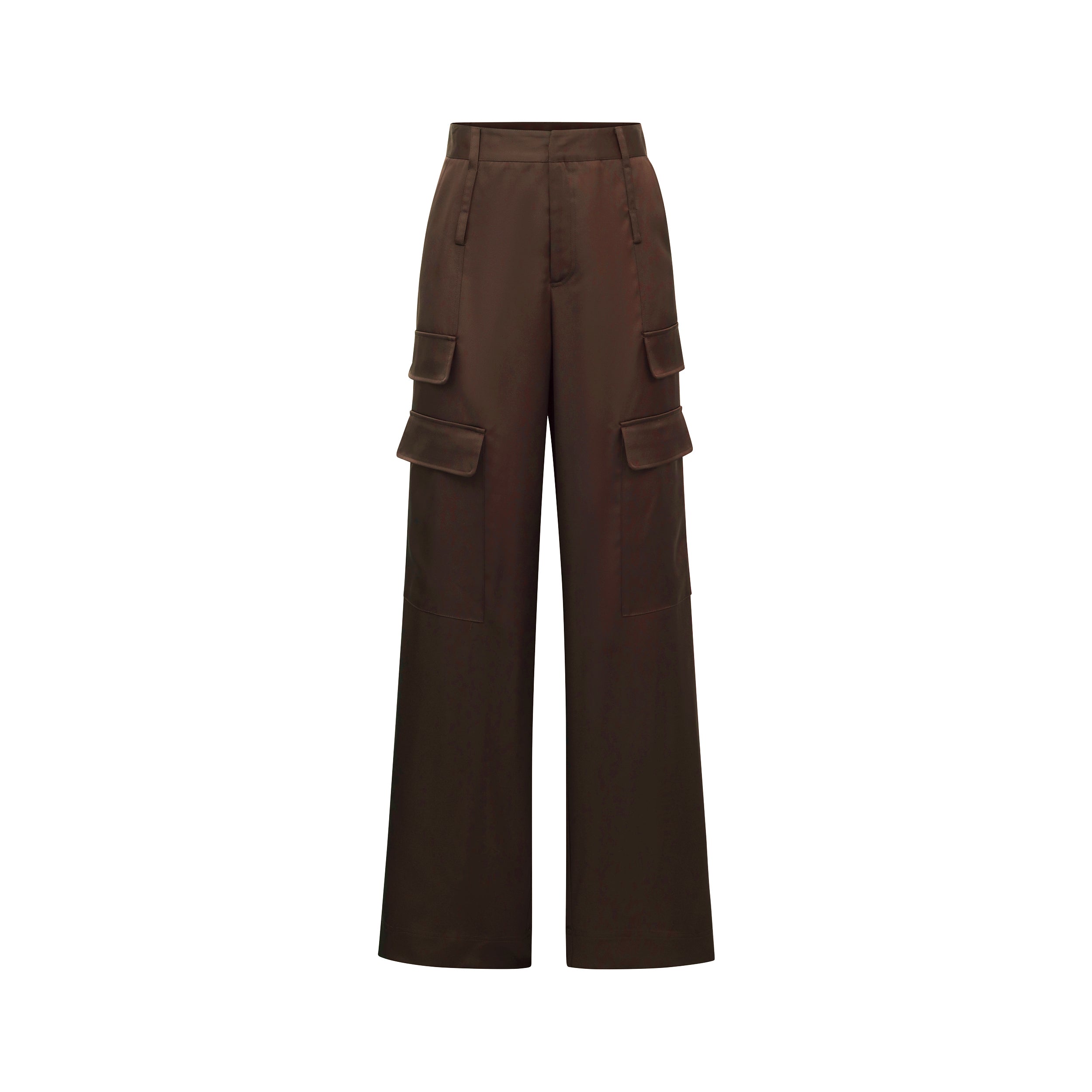 Product view of Brown Satin Milan Pant features Mid-rise with side pockets and cargo detail. Luxurious and structured satin-like fabric. 
