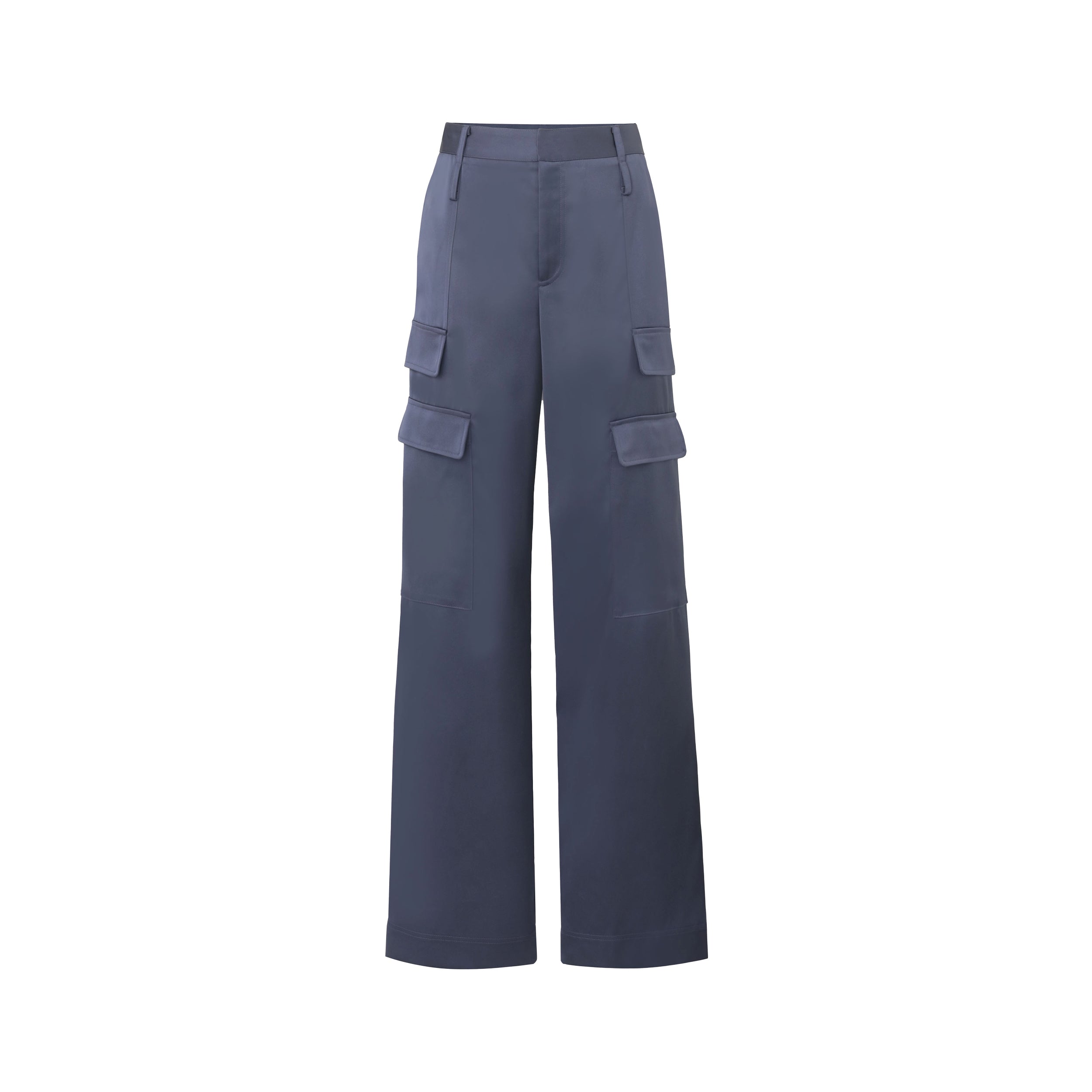 Product view of Navy Satin Milan Pant features Mid-rise with side pockets and cargo detail. Luxurious and structured satin-like fabric. 
