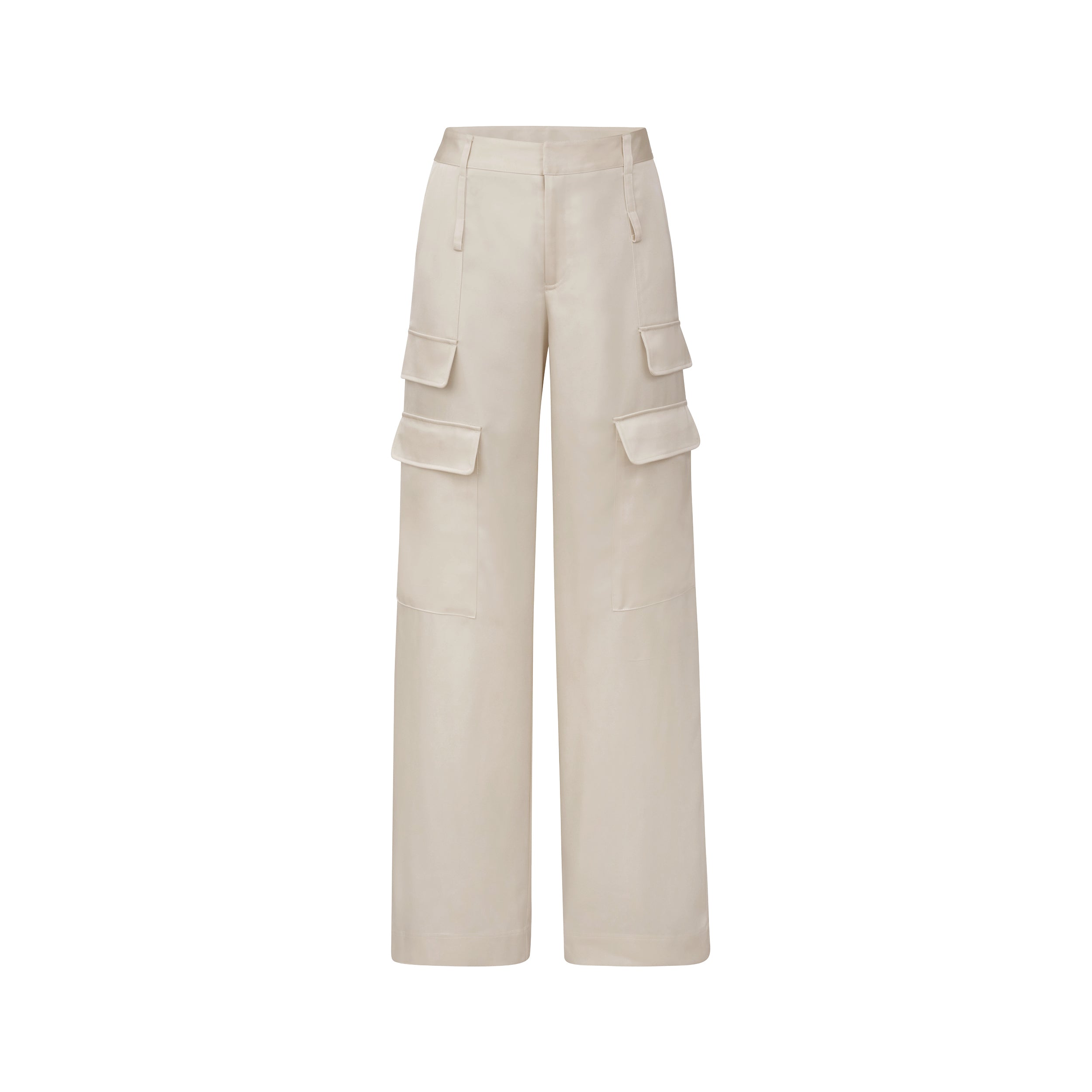 Front view of woman wearing Pearl Satin Milan Pant features Mid-rise with side pockets and cargo detail. Luxurious and structured satin-like fabric. 