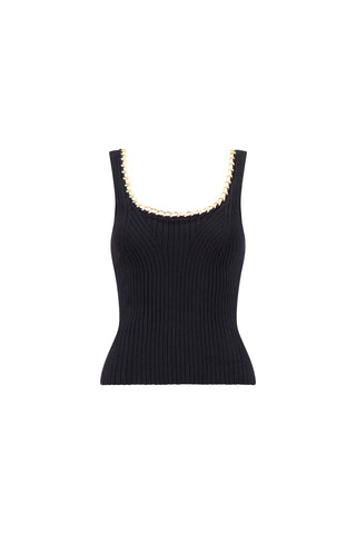 The Millie Knit Tank - Black is a ribbed knit tank with a scoop neckline, detailed with an elegant gold chain. Shown against a plain white background.
