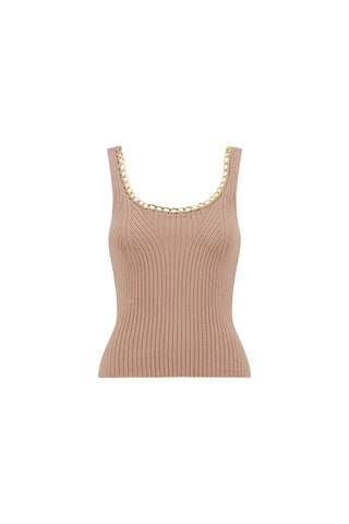 Sleeveless, ribbed Millie Knit Tank - Mocha featuring a scoop neckline with gold-toned chain detail.
