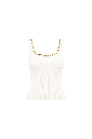 The Millie Knit Tank - Pearl is a white ribbed knit top with a scoop neckline and bold gold-toned chain detail, shown against a plain white background.