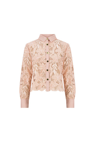 The Mina Lace Blouse - Blush features pink floral lace, long sleeves, a collared neckline, front buttons, sheer fabric with solid cuffs, collar, and button placket for an elegant look.