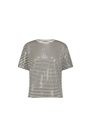 The Miranda Sequin T-Shirt features navy sequin stripes, short sleeves, a round neckline, and a relaxed fit, shown against a plain white background.