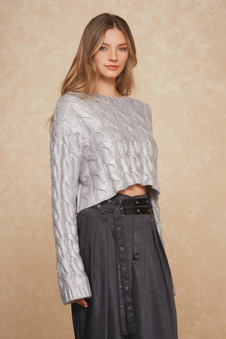 A woman with long hair wearing the Metallic Cable Knit Sweater in silver, paired with a high-waisted black skirt featuring a belt, stands against a light textured background, perfectly encapsulating the essence of a chic fall wardrobe.