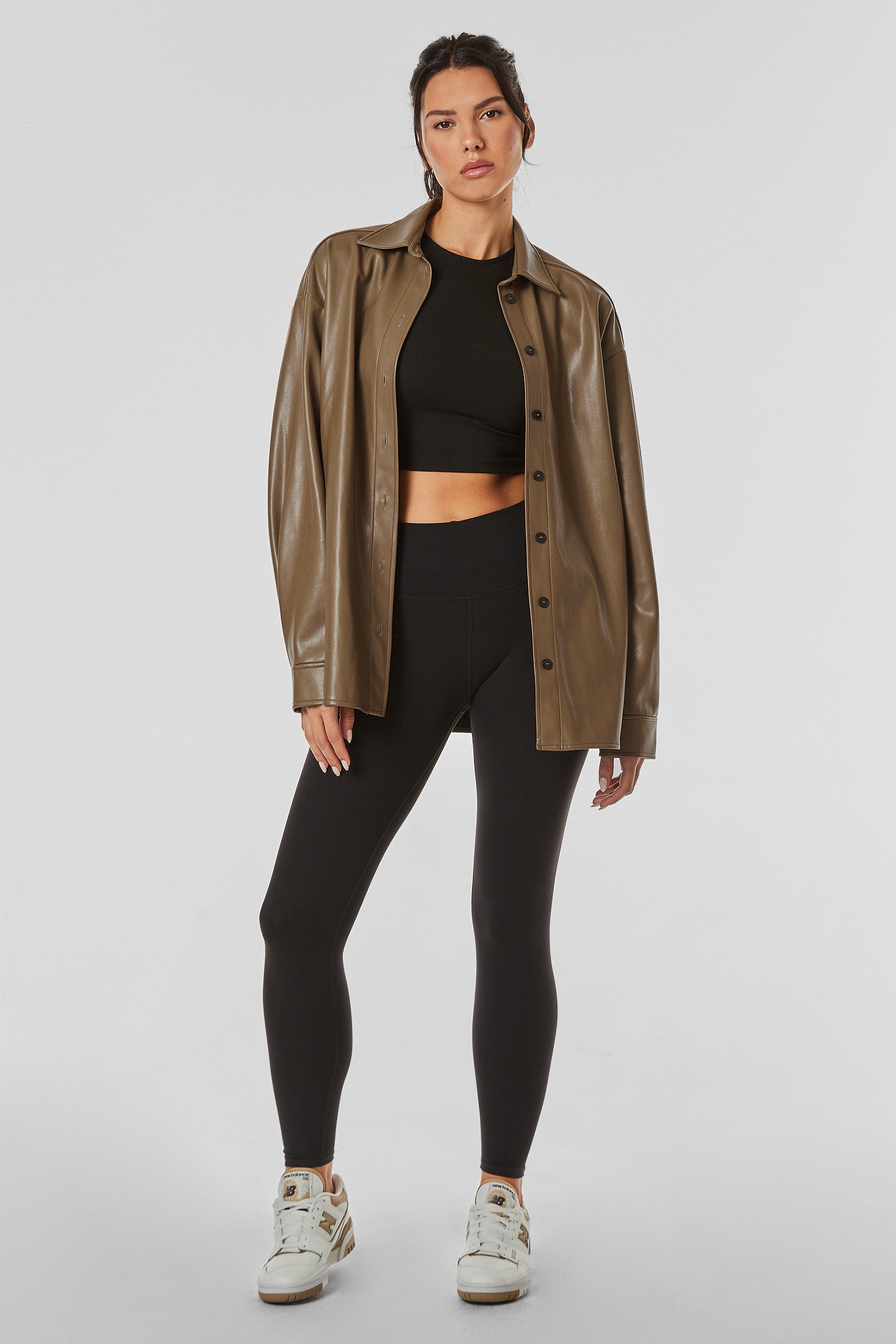 Faux Leather Oversized Shirt - Chai