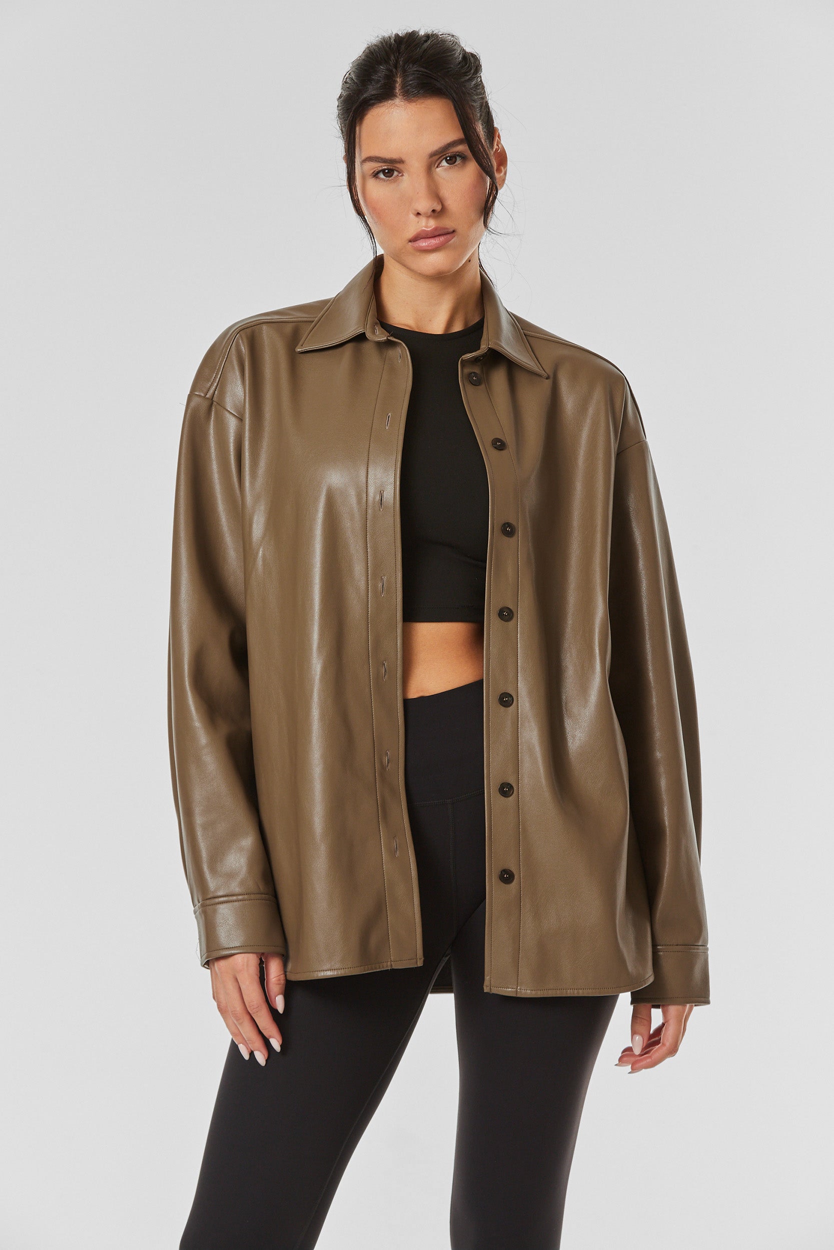 Faux Leather Oversized Shirt - Chai