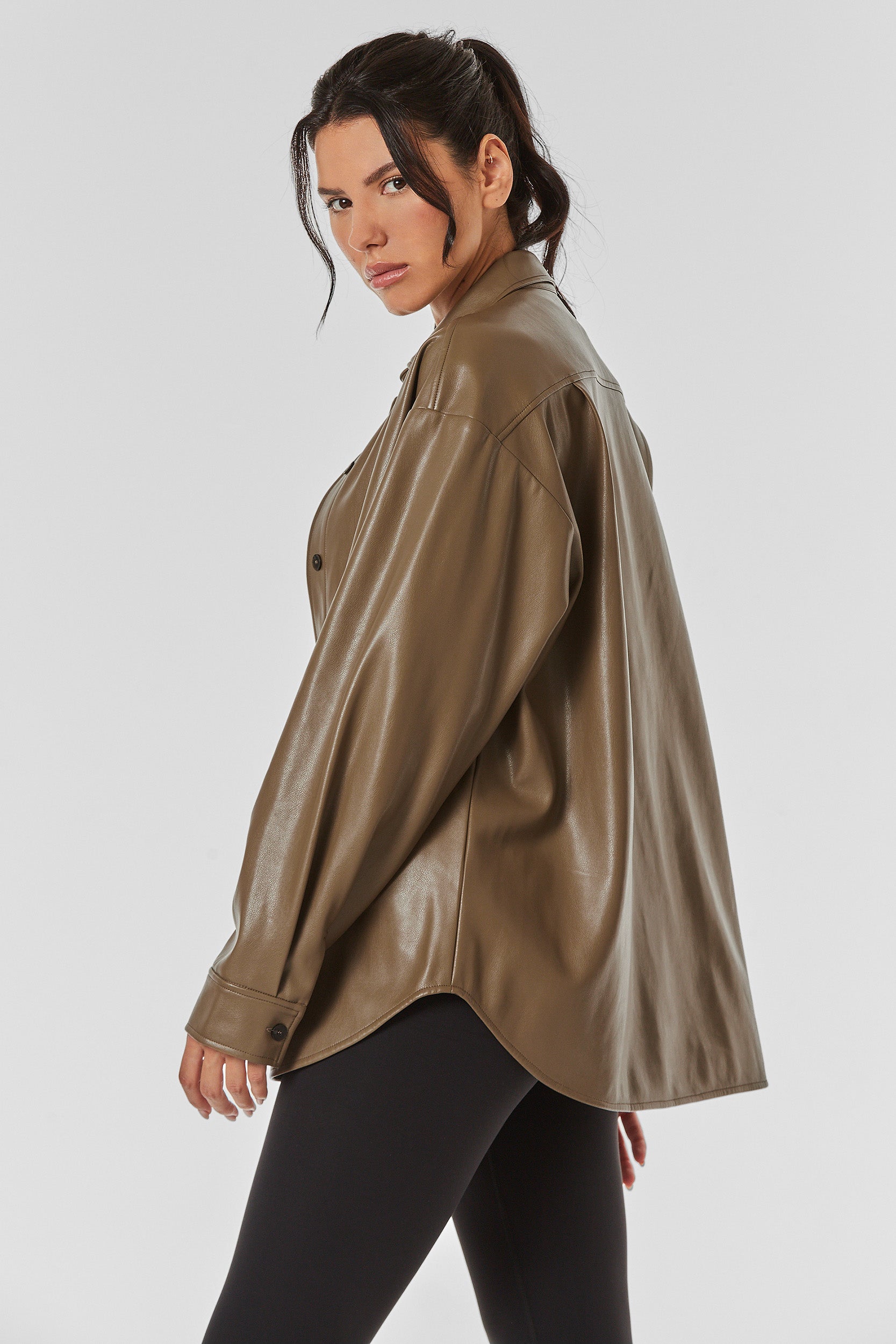 Faux Leather Oversized Shirt - Chai