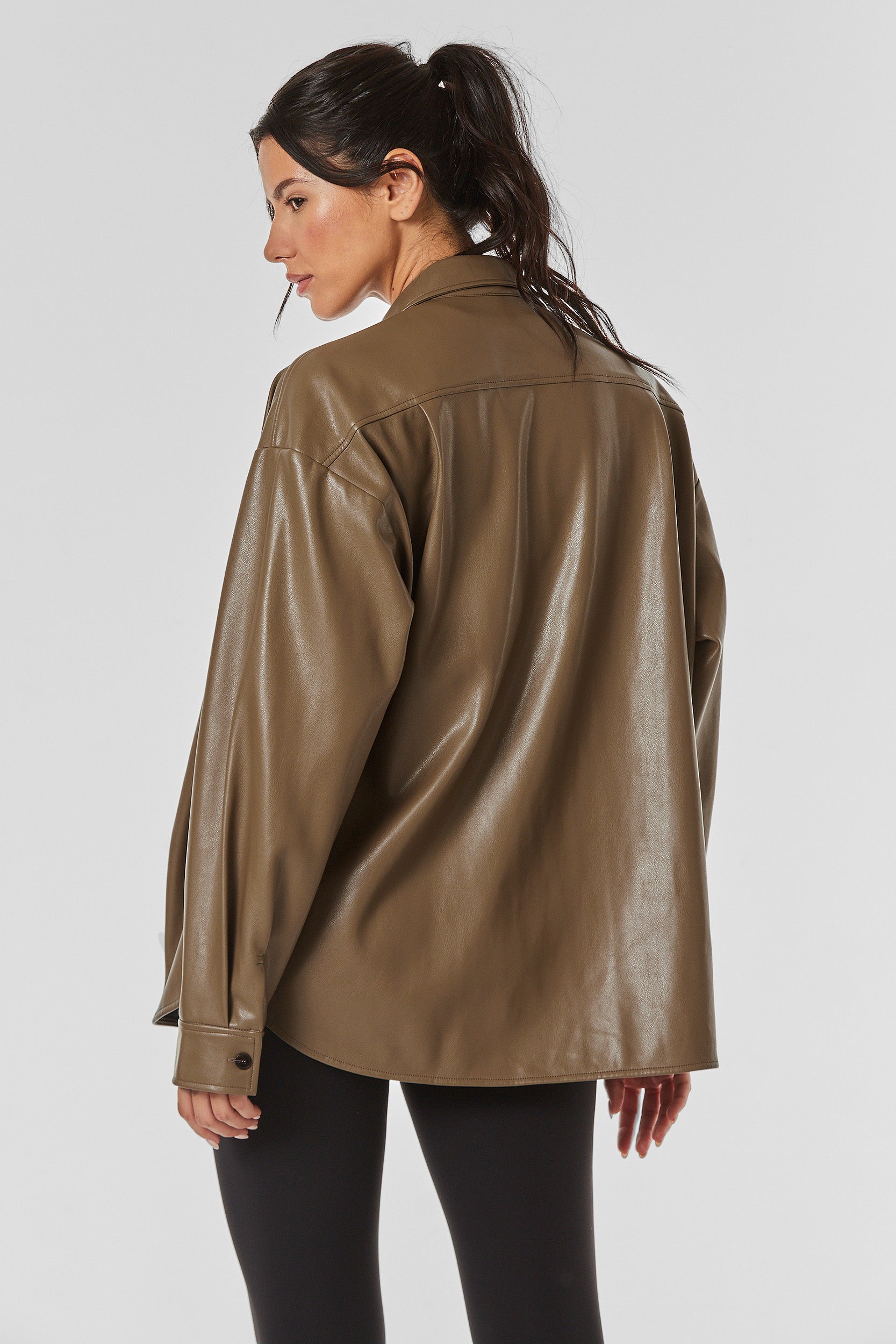 Faux Leather Oversized Shirt - Chai