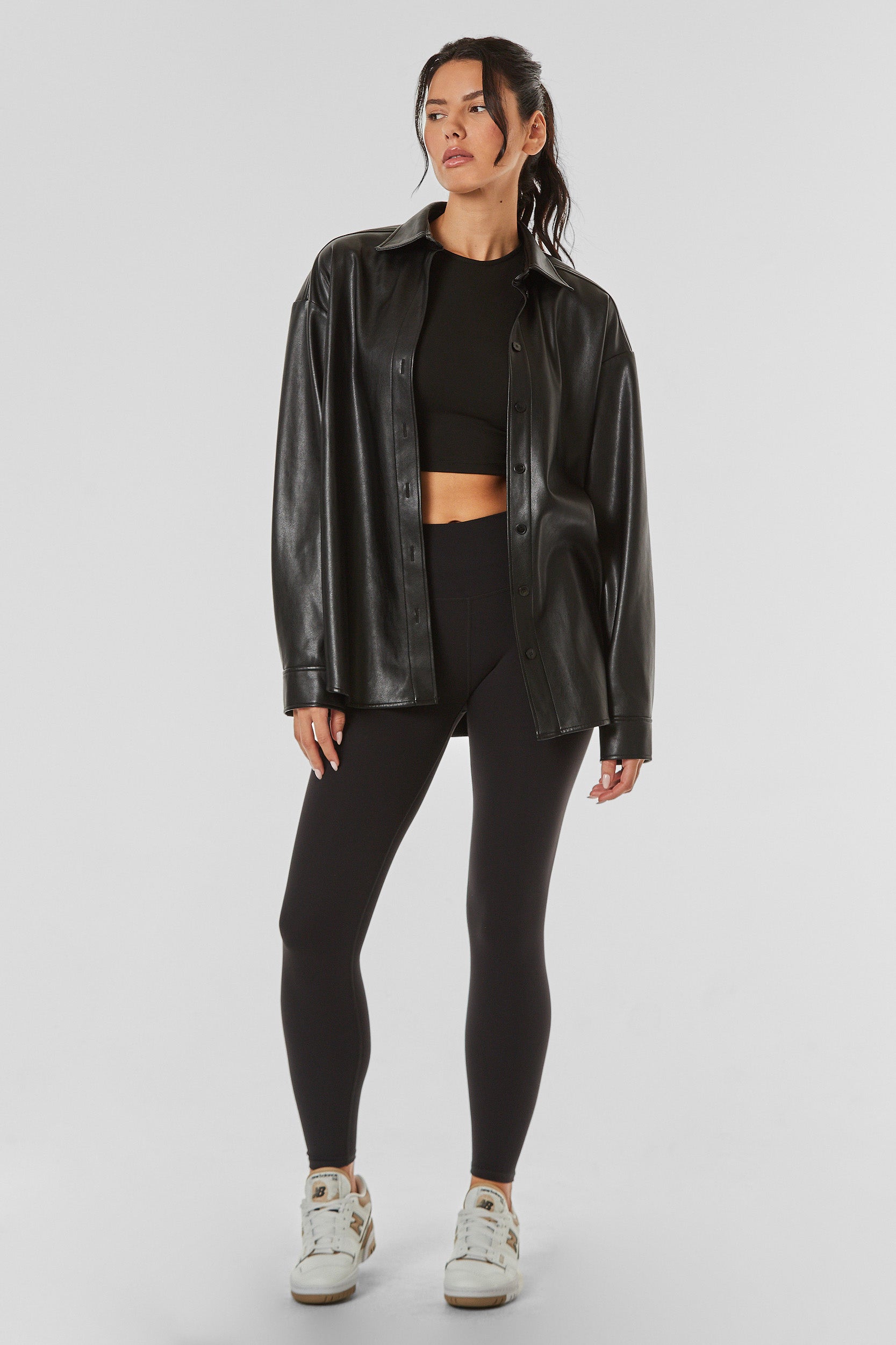 Faux Leather Oversized Shirt - Black