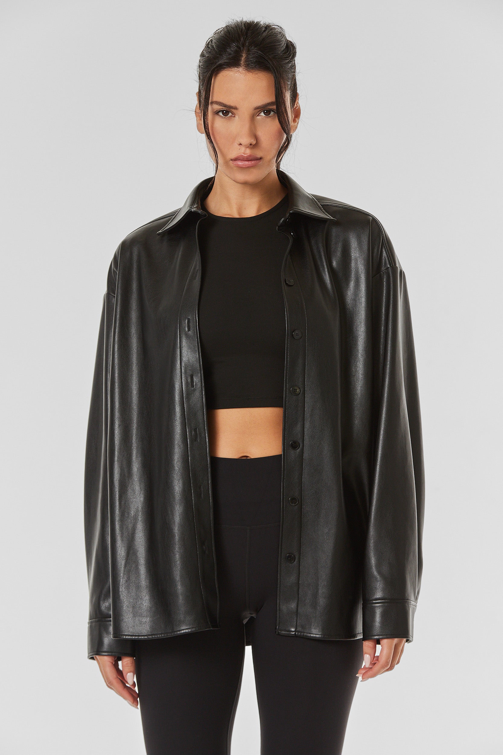 Faux Leather Oversized Shirt - Black