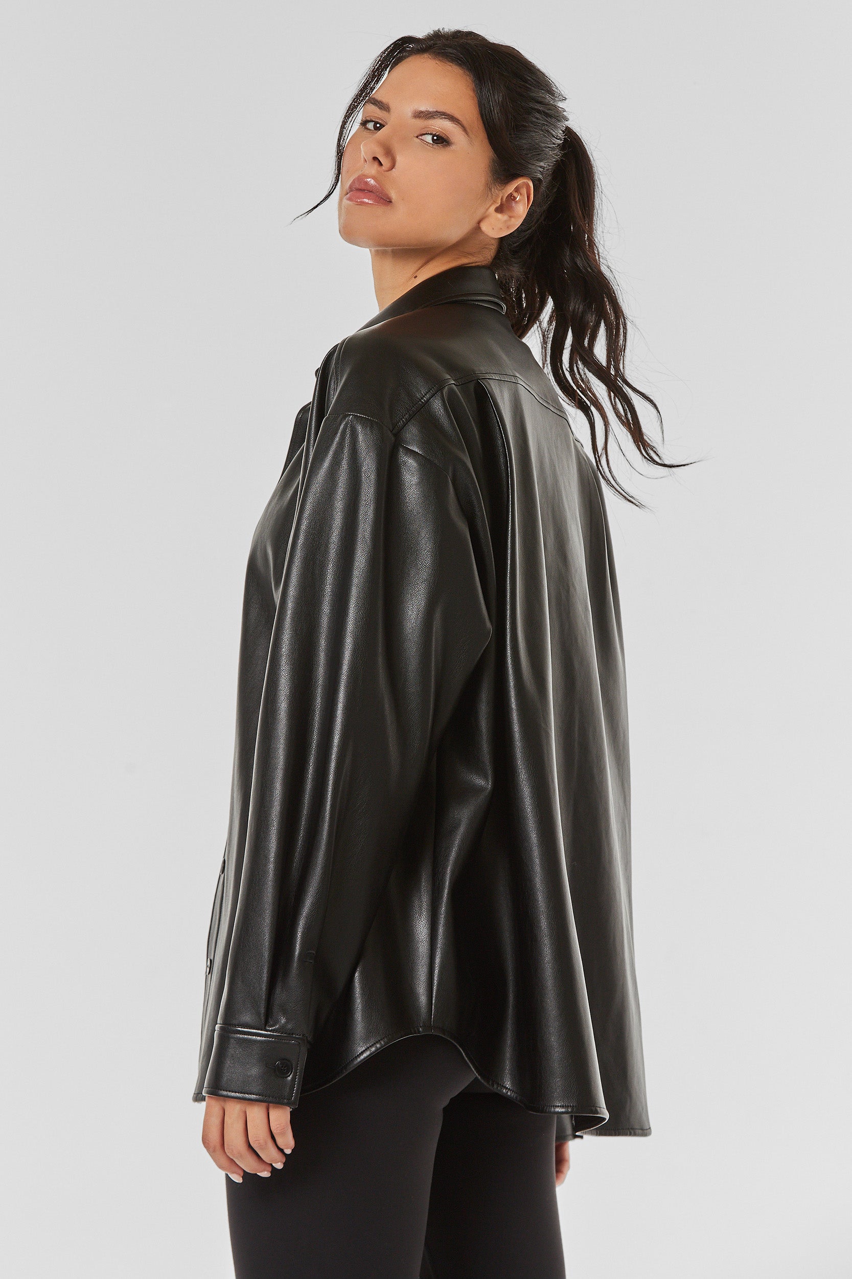 Faux Leather Oversized Shirt - Black