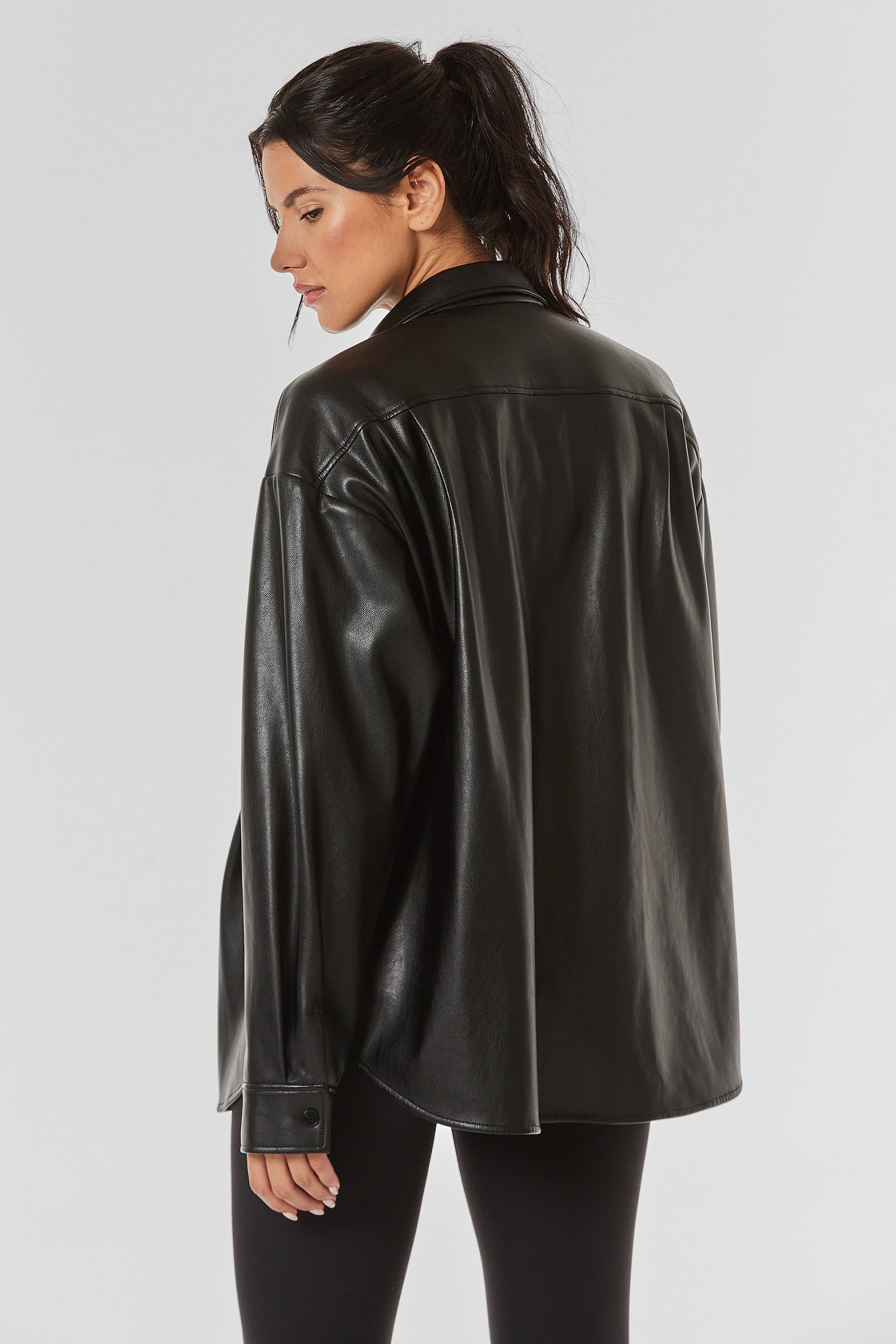 Faux Leather Oversized Shirt - Black