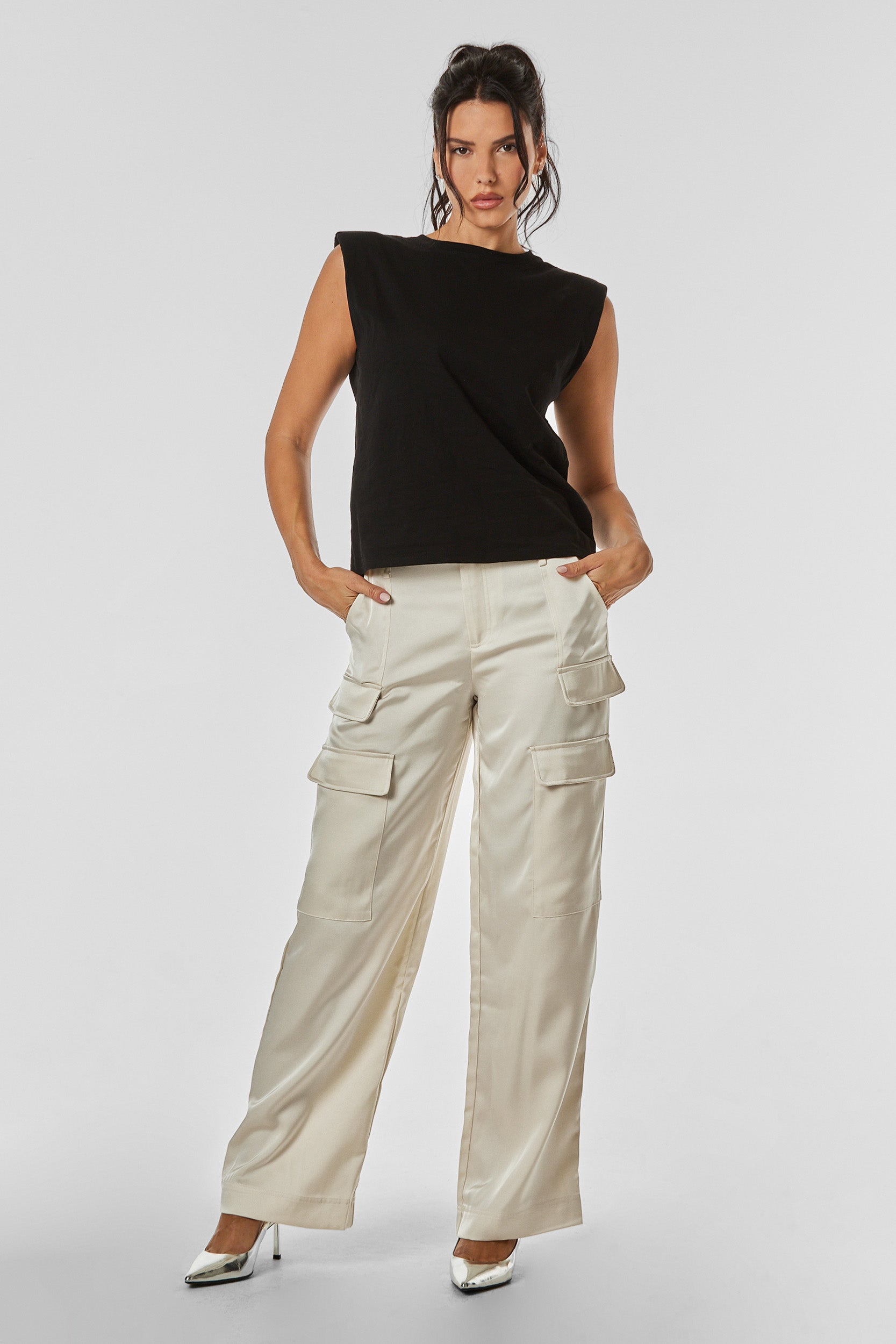 Milan Satin Cargo Pant - Pearl