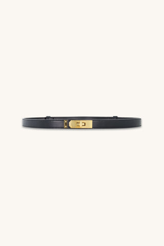 Nicola Belt in Black and Gold, slim black belt with gold rectangular buckle, The Noli Shop