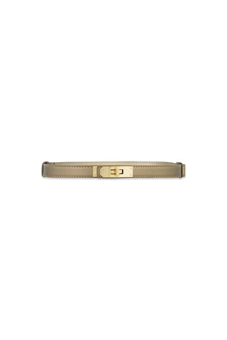 The Nicola Belt - Bronze is a slim taupe leather metallic belt with a rectangular gold turn-lock buckle, shown on a white background.