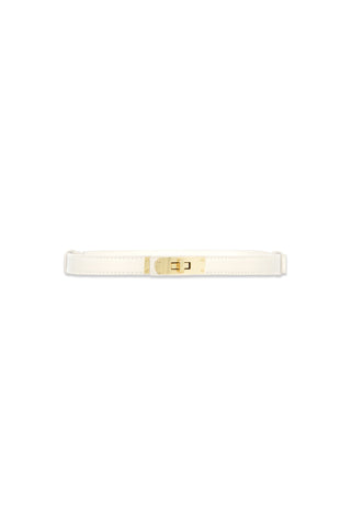 The Nicola Belt - Pearl features a slim, white textured leather strap and a rectangular gold buckle, shown against a plain white background.