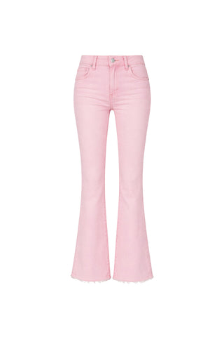Nicolette Cropped Jean - Blush: Flattering light pink flared jeans with a high waist, front and back pockets, and frayed hems, shown on a white background.