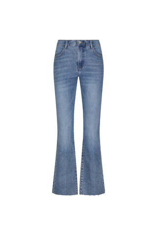 The Nicolette Cropped Jean in Medium Blue features a mid-rise waist, slight flare, frayed hems, and classic stitching with front and back pockets. Made from four-way stretch denim for comfort. Shown on a plain white background.