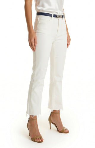 Wearing the Nicolette Cropped Jean - White, featuring a flattering fit and frayed hems, styled with a black belt and tan heeled sandals. Image shows the outfit from shoulders down against a white background.