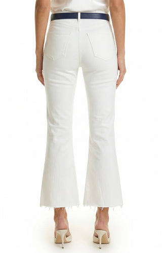 A person is shown from the back against a white background wearing the Nicolette Cropped Jean - White with raw hems, a black belt, and white heeled sandals.