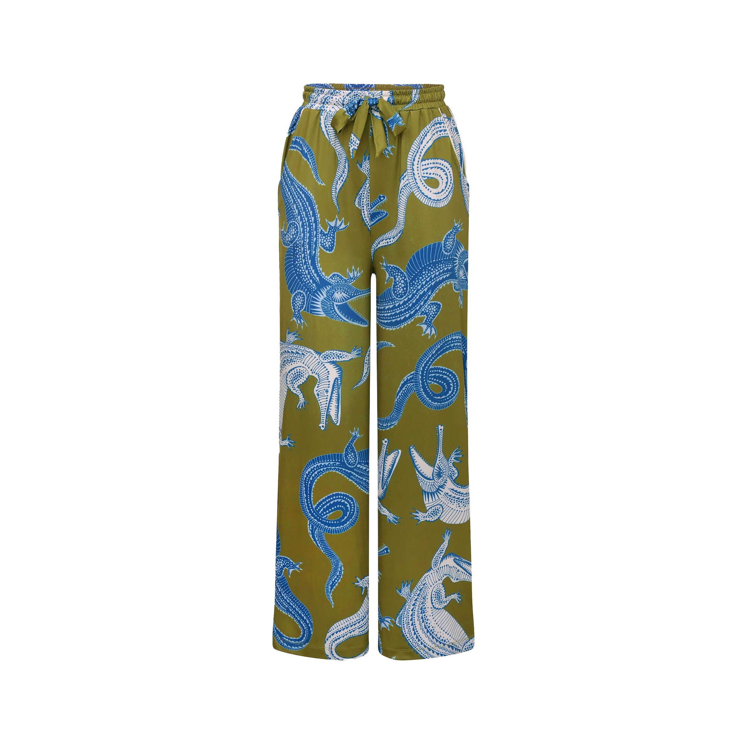 Product view of breathable, relaxed and buttery smooth pajama pant featuring high-waist cut, side pockets, front tie and stunning Nile gator print.