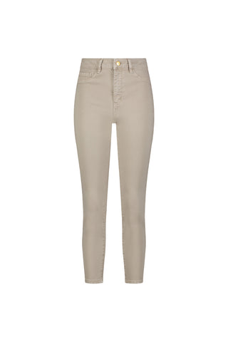 The Nina Cropped Jegging - Oatmeal features a high waist, slim fit, and ankle-length cut in beige. Made from four-way stretch denim for comfort and shape retention, it includes front and back pockets plus a button and zipper closure.
