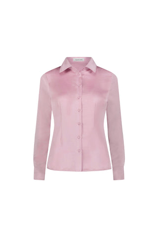 The Paulina Silk Blouse in Mauve features long sleeves, a classic collar, button-down front, fitted silhouette, and smooth silk finish, shown against a white background.