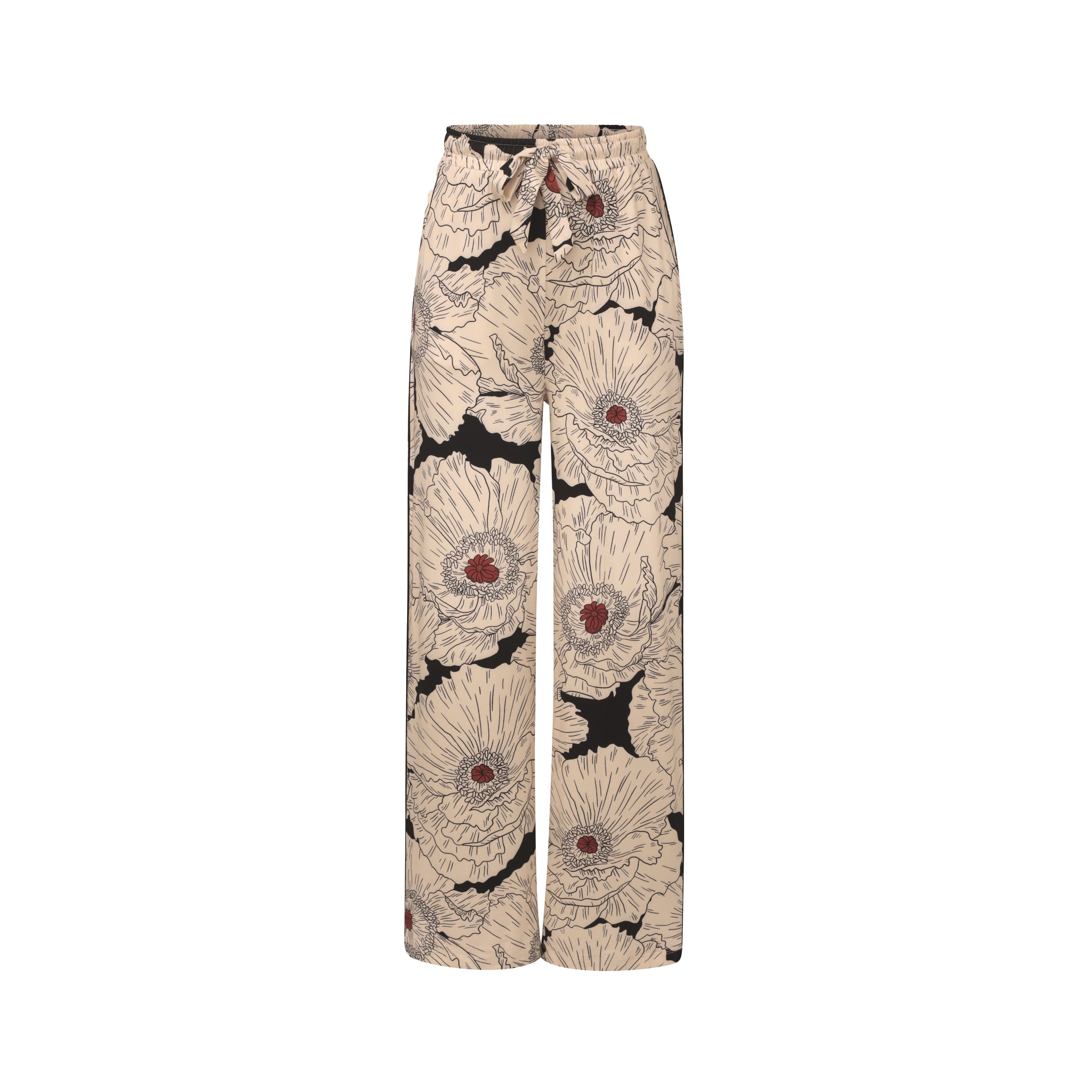 Product view of breathable, relaxed and buttery smooth pajama pant featuring high-waist cut, side pockets, front tie and stunning Poppy floral print.