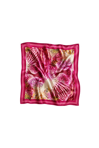 The Printed Satin Scarf - Bright Orchid showcases a vibrant pink, white, and yellow abstract design with a solid pink border, ideal as a stylish headscarf. Presented against a white background.