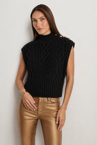 Raina Cable Knit Button Sweater - Black