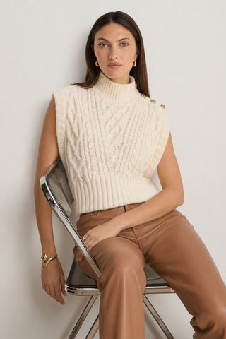 Raina Cable Knit Button Sweater - Pearl