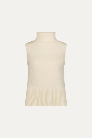 The Ramona Cashmere Sleeveless Sweater in Pearl features a high neck, ribbed turtleneck, and hem. This cream-colored vest brings luxury knitwear elegance, as shown on a plain white background.