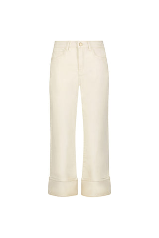 The Ren Cropped Cuff Jean - Ivory features cream-colored, high-waisted, wide-leg jeans with large turned-up cuffs, front pockets, a button closure, and is crafted from four-way stretch denim. Displayed on a white background.