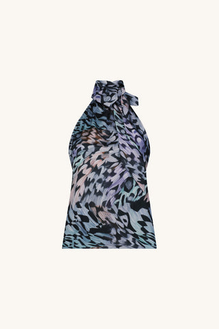 Rina Tie Neck Blouse in Abstract Butterfly flat lay showing the butterfly wing print in lilac, dusty blue, seafoam and mocha on black, The Noli Shop