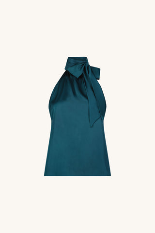 Rina Tie Neck Blouse in Deep Teal flat lay showing the deep teal satin, The Noli Shop