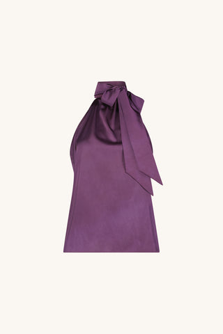 Rina Tie Neck Blouse in Midnight Plum flat lay showing the deep plum tone