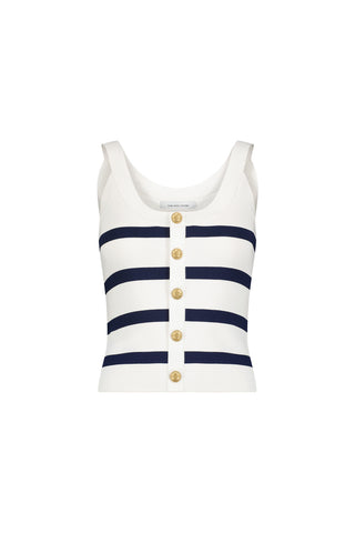 The Ruth Button Tank - Navy Stripe features wide navy stripes, gold buttons down the front, a scoop neckline, sleeveless design, and a fitted silhouette for effortless style.