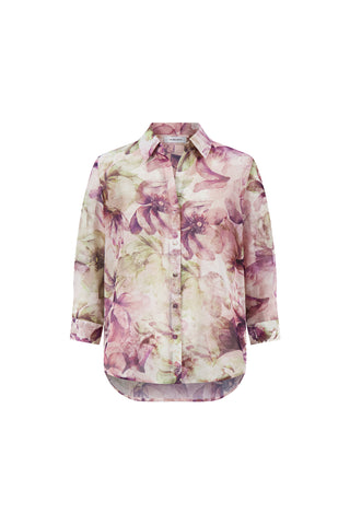 The Sara Chiffon Blouse - French Garden is a lightweight women’s long-sleeve button-up with a pastel pink, purple, and green floral pattern on white chiffon and a classic collar for effortless elegance.