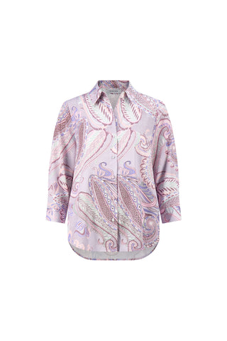 The Sara Silk Blouse - Pastel Paisley is a lightweight button-up with a classic collar, three-quarter sleeves, and a pastel paisley design in pink, lavender, and mint green.