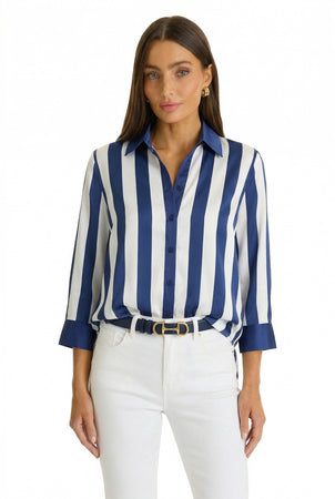 Navy Stripe Silk Blouse for Women | The Noli Shop