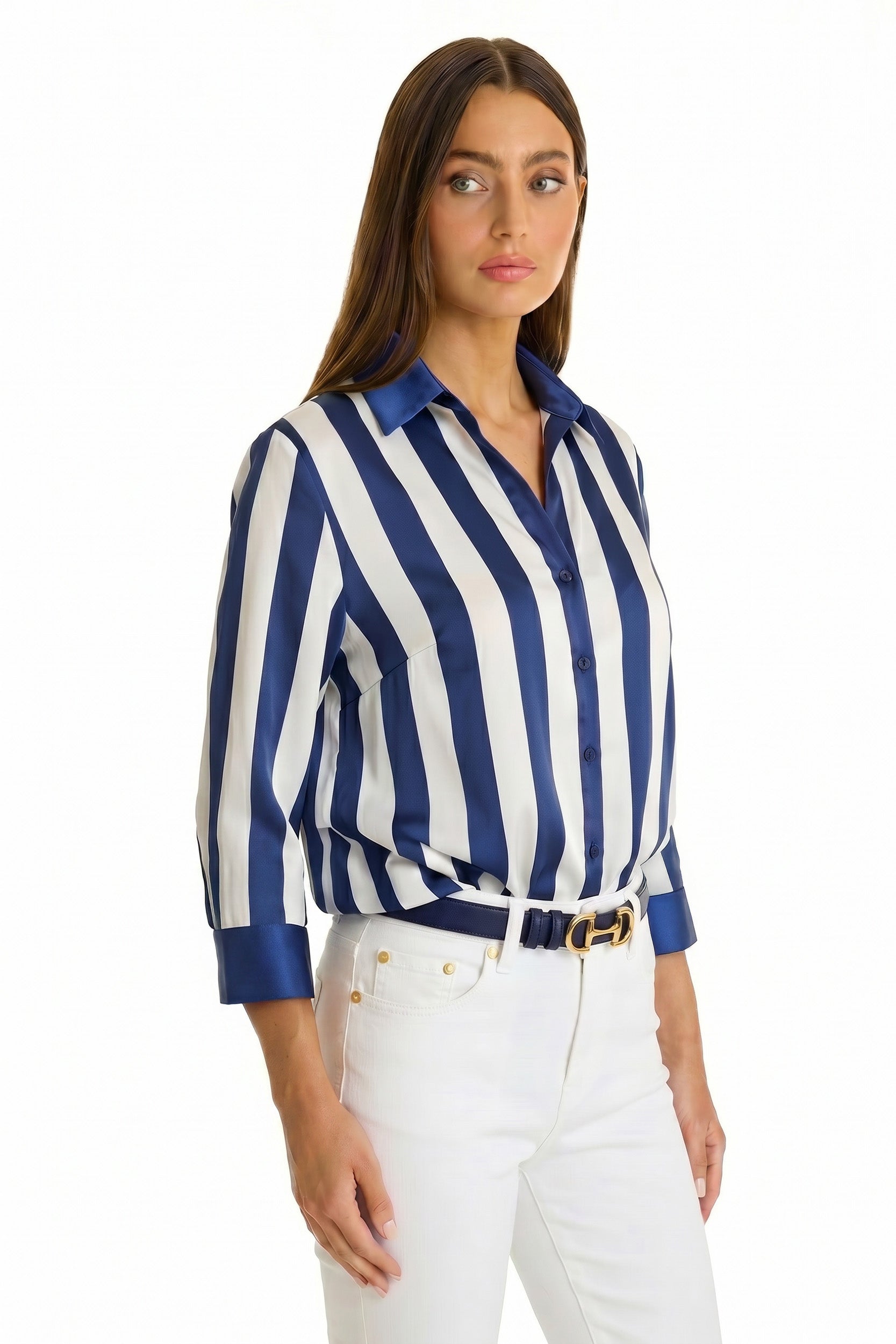 Navy Stripe Silk Blouse for Women | The Noli Shop