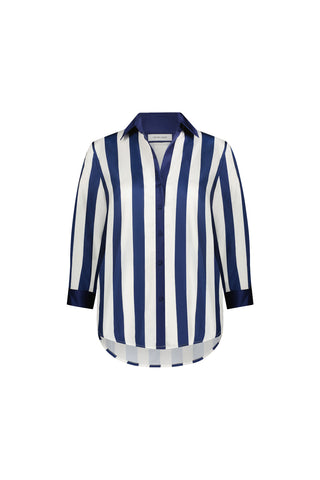 The Sara Silk Blouse - Navy Stripe is a long-sleeve button-up shirt made from silky fabric with bold navy and white vertical stripes, a classic collar, and a slightly curved hem.