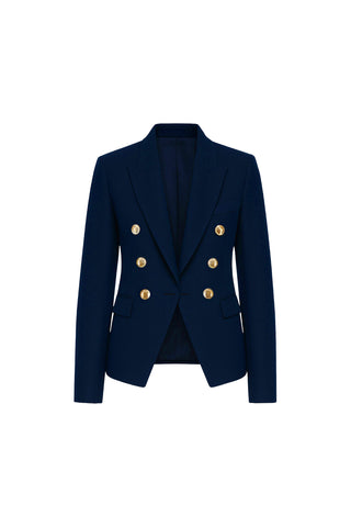 The Sasha Double Breasted Blazer - Navy features structured shoulders, peaked lapels, six gold buttons in two double-breasted rows, front flap pockets, and a fitted silhouette.