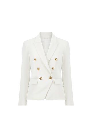 The Sasha Double Breasted Blazer - White features gold buttons, long sleeves, notched lapels, and two front pockets for a classic suiting look, shown against a plain white background.