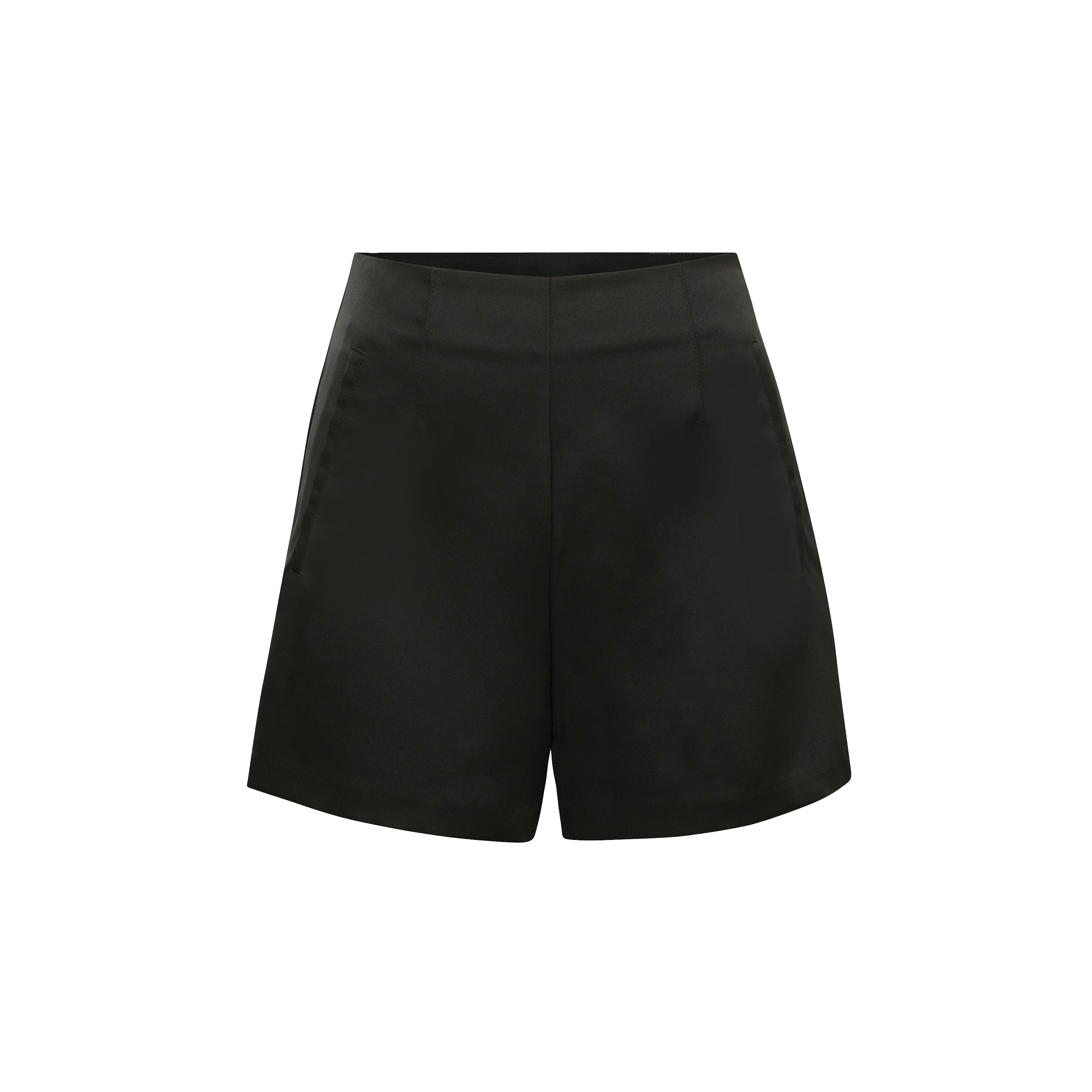 Product shot of black mini suit shorts