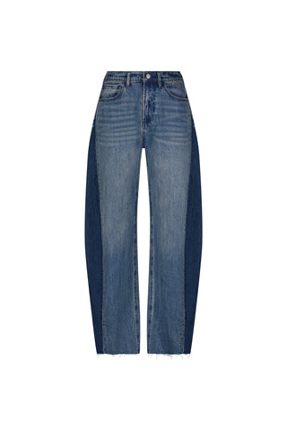 The Selena Barrel Jean - Medium Blue features a high-rise fit, dual-tone denim with light center panels, darker side accents, raw hems, and a straight-leg silhouette.